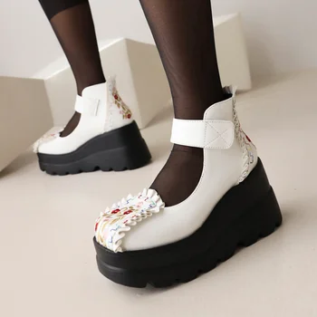 2023 г., новые весенние женские туфли-лодочки, большие размеры 22-26,5 см, длина, микрофибра, квадратный носок, вышитый цветок, пряжка, пикантные туфли на толстом каблуке