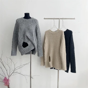 2023 Осень и Зима, новый Корейский стиль, Ленивый стиль, Свободный свитер с круглым вырезом и длинным рукавом, свитер с дырками в подоле, свитер для женщин