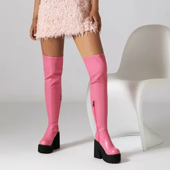 BONJOMARISA 2023, Совершенно Новые Женские сапоги выше колена на высоком массивном каблуке, Лакированная кожа, молния, платформа, танкетка, Зимняя модная обувь