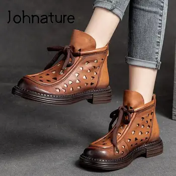 Johnature 2022 / Новая весенне-летняя обувь, женские босоножки из натуральной кожи в стиле ретро на молнии для отдыха, Лаконичные босоножки на платформе с полой шнуровкой