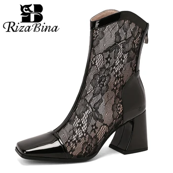 RIZABINA/ Женские ботильоны с квадратным носком, Дышащая сетка, Толстый каблук, Вышитые кружевом Женские элегантные туфли на высоком каблуке, Модные дизайнерские туфли