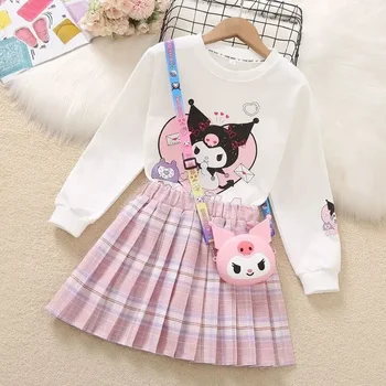 Sanrio hello kitty для девочек, костюм с юбкой-балахоном kuromi, весна-осень, новая детская модная майка с длинными рукавами и круглым вырезом.