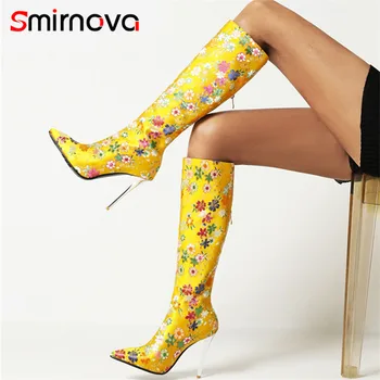 Smirnova 2022, Новейшие сапоги до колена, Женская сексуальная обувь для ночного клуба на тонком высоком каблуке с вышивкой, Женские длинные сапоги с острым носком