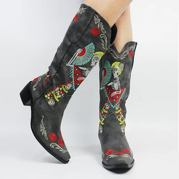 Брендовые женские ботинки до середины икры на толстом каблуке, большие размеры, классические Ретро Винтажные ковбойские ботинки для пастушки, Осенне-зимняя женская обувь