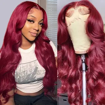 Бургундия 99J 13x4 объемная волна кружева перед парик прозрачного кружева фронтальная парик бразильского красного цвета человеческие волосы парики для женщин