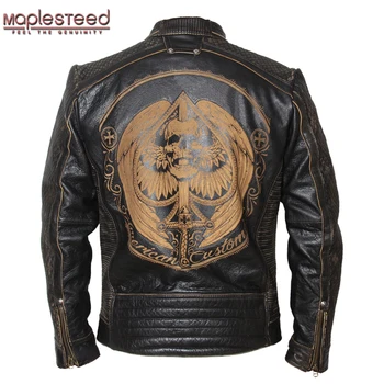 Винтажная мотоциклетная куртка Мужская кожаная куртка из воловьей кожи с черным черепом, куртка из натуральной кожи, мужское байкерское пальто, осень, Азиатский размер M091
