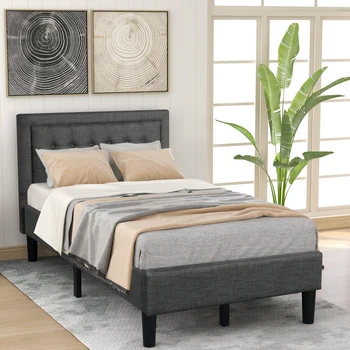 Двуспальная кровать-платформа с мягкой обивкой на пуговицах и опорой из прочной деревянной рейки Серого цвета [США-W]