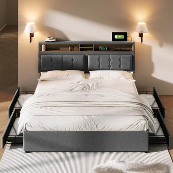 Двуспальная кровать с 4 выдвижными ящиками и разъемом USB C, мягкая кровать 160х200см, регулируемое по высоте изголовье, деревянная решетчатая рама (без