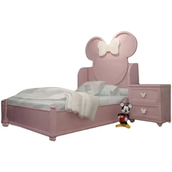 Детская кровать Girl Princess Кровать 1,5 Спальная Розовая Односпальная кровать с рисунком Микки из массива дерева