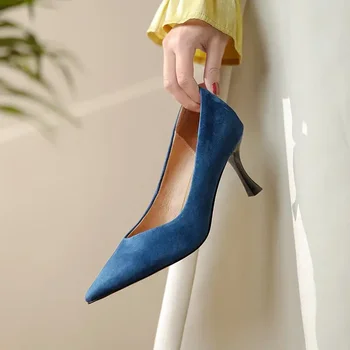 Детские замшевые туфли синего цвета для званого ужина на высоком каблуке-шпильке с острым носком, классические летние Базовые женские туфли-лодочки