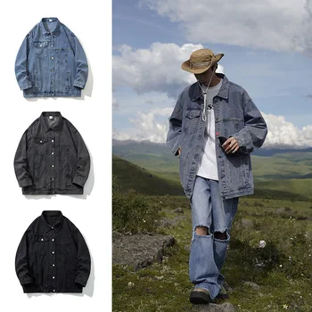 Джинсовая куртка Мужская одежда, жесткая винтажная куртка с лацканами, джинсовая ткань с длинным рукавом, джинсовая ткань, черно-серое мешковатое ковбойское пальто, мужская весна-осень