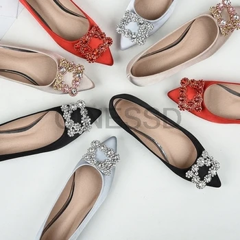 Женские балетки на плоской подошве slik, украшенные стразами, туфли на плоской подошве с острым носком, элегантные женские туфли, свадебные туфли, большой размер 43
