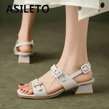 Женские босоножки бренда ASILETO С квадратным носком на среднем каблуке 3,5 см, ремешки с пряжкой сзади, Элегантная повседневная мягкая женская обувь в стиле ретро, Большие размеры 41, 42, 43