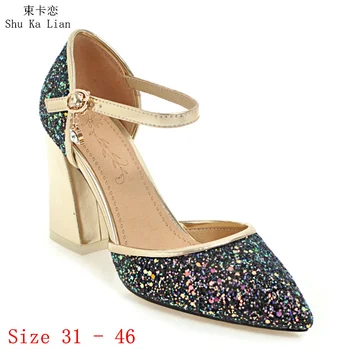 Женские туфли на высоком каблуке с блестящими пайетками, туфли-лодочки D'Orsay, женские вечерние свадебные туфли на шпильке, маленькие, Большие размеры 31-46