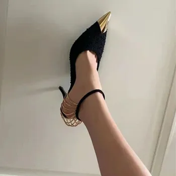 Заостренные металлические цепочки на высоких каблуках 2023, новые стильные черные тонкие туфли на шпильке Baotou, сексуальные босоножки, женские туфли-лодочки