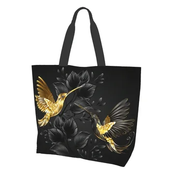Золотые украшения Колибри Очень Большая Продуктовая сумка с черным цветком, Многоразовая сумка для покупок, сумка для хранения в путешествиях