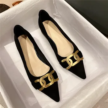 золотые цепочки, замшевые туфли-лодочки, женская обувь с металлической пряжкой на низком каблуке, tacones de mujer socofy, профессиональная обувь для женщин, большой размер 41