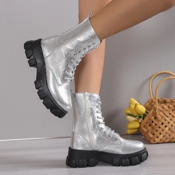 Короткие ботинки в европейском и американском стиле в стиле ретро, осень-зима 2023, однотонные Модные мотоциклетные ботинки с толстым дном, Zapatos Mujer