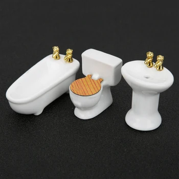 Кукольный домик 1: 24 Миниатюрная ванна, набор мебели для ванной комнаты, имитирующий кукольный домик, мини-керамическая ванна, комплект для унитаза и раковины
