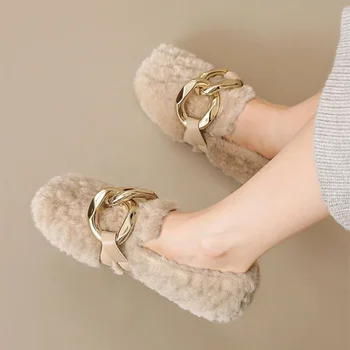 Меховые теплые туфли на плоской подошве, хлопковая обувь, Новинка 2024 года, женские ботильоны, брендовая Зимняя Короткая Плюшевая повседневная обувь, Дизайнерская Мягкая подошва Zapatillas Mujer