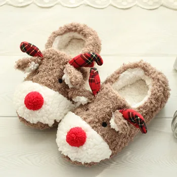 Милые рождественские тапочки с пушистым мехом оленя, женские зимние теплые закрытые плюшевые тапочки, домашние горки с изображением лося, Хлопчатобумажная обувь, Забавный подарок