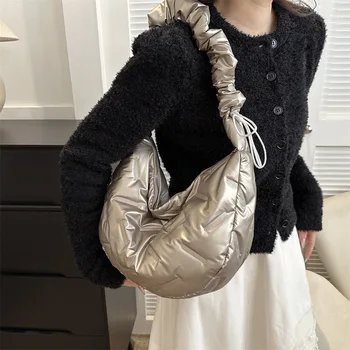 Модная пуховая сумка для женщин 2023, новая зимняя хлопковая сумка для пригородных поездок с искусственной текстурой, повседневная сумка через плечо большой вместимости на одно плечо