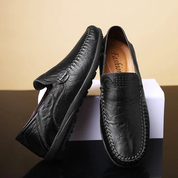 Мужская Повседневная Обувь Элитного Бренда 2020, Кожаные Мужские Лоферы, Мокасины, Дышащие Черные Туфли Для вождения без застежки, Большие Размеры 37-46