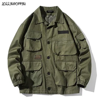Мужская рабочая куртка с несколькими карманами из хлопчатобумажной саржи в японском стиле, армейская зеленая / серая / черная куртка-карго с отложным воротником, мужская верхняя одежда