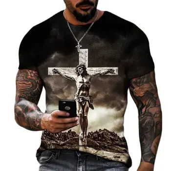 Мужская футболка Summer Cup Old Set с коротким рукавом Street Long в стиле хип-хоп с изображением 3D Иисуса и религиозного креста