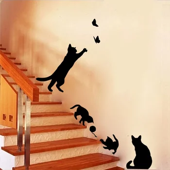 Новая настенная наклейка Cat Play с бабочками, съемные наклейки для украшения дома, декор стен спальни, кухни, гостиной