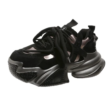 Новые женские кроссовки из натуральной кожи, осенняя обувь на платформе 6 см на шнуровке, спортивная обувь для ходьбы на толстой подошве, женская обувь на массивном каблуке, Chaussure Femme
