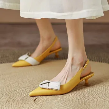 Новые популярные летом 2023 года желтые и черные остроконечные сандалии-бабочки с полыми босоножками на высоком каблуке сзади
