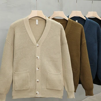 Осенне-зимний однотонный кардиган с V-образным вырезом, свитер в японском ретро стиле, повседневные Свободные красивые свитера, мужские куртки, мужская одежда