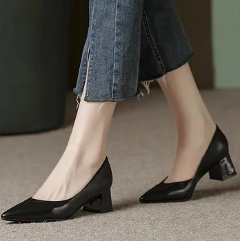 Осенние туфли с острым каблуком женские туфли для интервью с темпераментом Черные рабочие туфли на каблуке толщиной 5 см женские