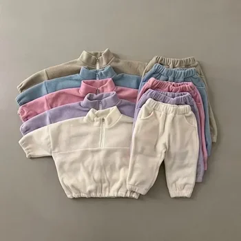 Осенний комплект для маленьких мальчиков и девочек, двусторонний флисовый спортивный комплект, куртка и брюки для мальчиков