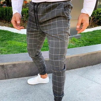 Осенняя мода 2023 года, брюки с карманом на шнурке, мужские приталенные клетчатые деловые брюки-карандаш, повседневные брюки с клетчатым рисунком.