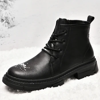 Полностью черные Мужские Ботильоны в стиле милитари с высоким берцем, Повседневная обувь из натуральной кожи, Мужская Высококачественная Мотоциклетная обувь, Плюшевые Зимние ботинки