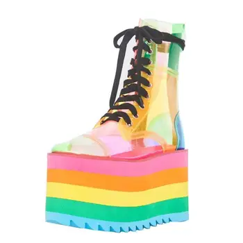 Популярные радужные сапоги на высокой платформе, женские ботильоны кристально прозрачных цветов Candy Block, женские туфли на шнуровке с перекрестной шнуровкой