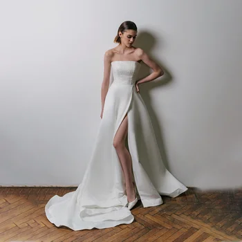 Потрясающее свадебное платье без бретелек, расшитое бисером, с высоким разрезом, Сенсационное свадебное платье с пайетками и шлейфом для женщин