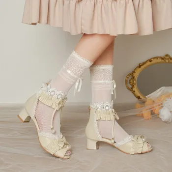Размер 34-43, Повседневные милые босоножки на каблуке с открытым носком, женская обувь в стиле Лолиты с кружевным бантом
