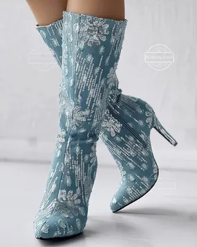 Сапоги Женские джинсовые сапоги на шпильке с блестками и снежинками, джинсовые сапоги до бедра на высоком каблуке, обувь на тонком каблуке, сапоги для верховой езды
