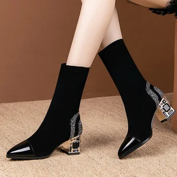 Тонкие короткие женские сапоги до середины икры, эластичная ткань, горный хрусталь, женская зимняя обувь на квадратном каблуке, Черная женская обувь
