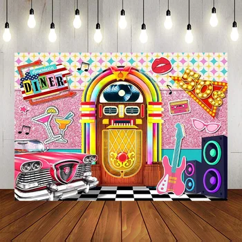 Фон для вечеринки в стиле рок-н-ролл, Винтажный магазин газировки, Розовая Коробка для гитары, украшения для вечеринки в гоночном автомобиле, Фотография на фоне баннера, Фото