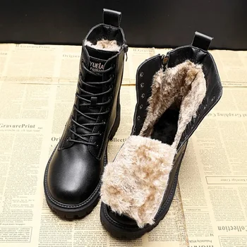 Черные кожаные ботильоны, Плюшевая теплая обувь на платформе, Модные ботинки в британском стиле, Зимние Меховые ботинки, Женская обувь 40
