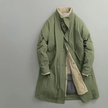 Японское винтажное хлопчатобумажное пальто из двух частей в стиле Харадзюку, длинное хлопчатобумажное пальто со стоячим воротником, мужское однотонное пальто большого размера, мужская одежда