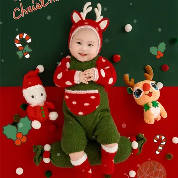 ❤️ Рождественская одежда для детской фотосъемки, Шляпа + Топ + Брюки + Носки, 4 шт./компл., Реквизит для фотосъемки младенцев, Аксессуары, Одежда для студийных съемок, наряды